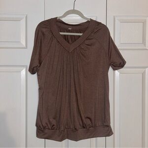 Chic Brown V-Neck Pleated Women's Blouse